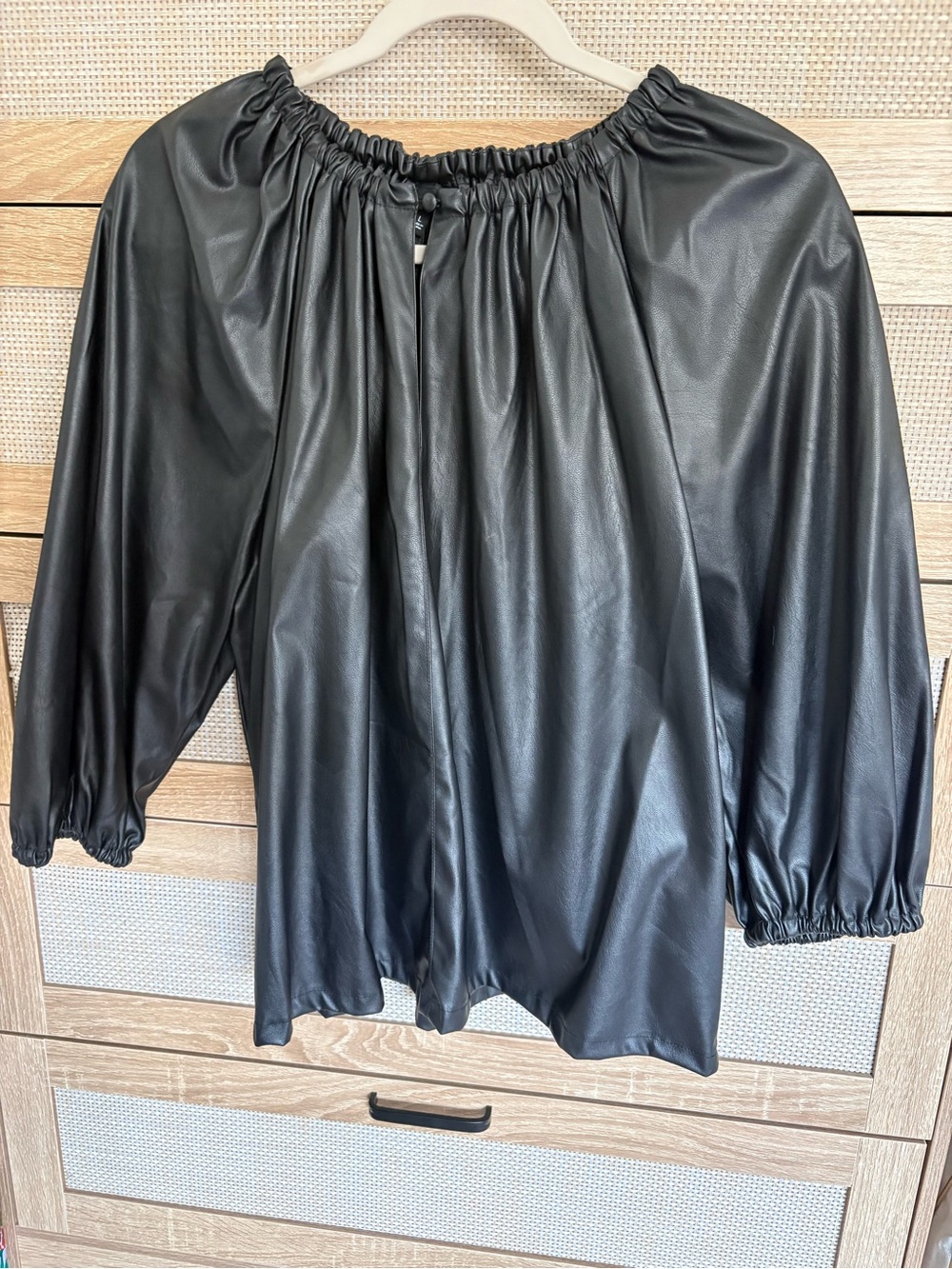 Who What Wear Black Faux Leather Top with Gathered Neckline